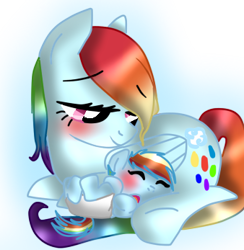 Size: 338x347 | Tagged: safe, artist:cupcakes-pinkie-1112, imported from derpibooru, rainbow dash, oc, pony, baby, baby pony, diaper, foal, mother and daughter, sleeping