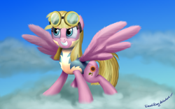 Size: 2000x1250 | Tagged: safe, artist:deathpwny, imported from derpibooru, meadow flower, pegasus, pony, wonderbolts academy, cloud, female, goggles, grin, mare, on a cloud, smiling, solo, spread wings, standing on a cloud, standing on cloud, wings, wonderbolt trainee uniform