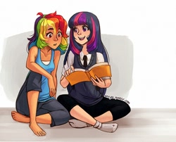 Size: 850x686 | Tagged: safe, artist:x-arielle, imported from derpibooru, rainbow dash, twilight sparkle, human, :o, barefoot, book, clothes, cute, duo, feet, humanized, missing shoes, open mouth, sitting, smiling, socks, wide eyes