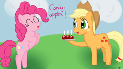 Size: 1920x1080 | Tagged: safe, artist:verminshy, imported from derpibooru, applejack, pinkie pie, candy, happy, sky, smiling