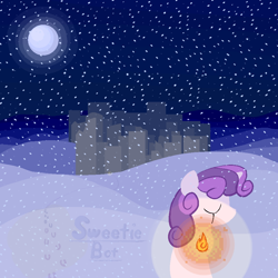 Size: 900x900 | Tagged: safe, artist:tallgrass, imported from derpibooru, sweetie belle, pony, robot, unicorn, eyes closed, female, filly, fire, foal, hoofprints, horn, moon, night, night sky, sky, snow, snowfall, solo, stars, sweetie bot