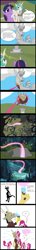 Size: 750x5250 | Tagged: safe, artist:philith, imported from derpibooru, discord, pinkie pie, princess celestia, twilight sparkle, too many pinkie pies, bad end, cave, cave pool, chocolate milk, chocolate milk rain, clone, clones, comic, discopie, discord gets all the mares, discord gets all the pinkie pies, female, fun fun fun, good end, male, mirror pool, pinkamena diane pie, pinkie clone, shipping, straight