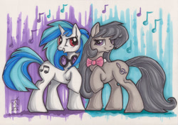 Size: 900x633 | Tagged: safe, artist:kattvalk, imported from derpibooru, dj pon-3, octavia melody, vinyl scratch, marker drawing, traditional art