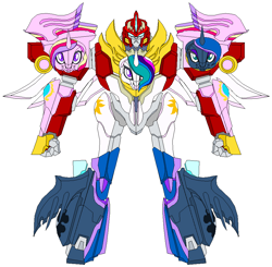 Size: 945x925 | Tagged: safe, artist:terry, imported from derpibooru, princess cadance, princess celestia, princess luna, crossover, gattai, hot rod, megazord, power rangers, rodimus, super sentai, this isn't even my final form, transformers