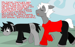 Size: 1206x768 | Tagged: safe, artist:voltrathelively, imported from derpibooru, clothes, homestuck, kankri vantas, karkat vantas, ponified, sweater