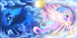 Size: 2880x1440 | Tagged: safe, artist:luminairous, imported from derpibooru, princess celestia, princess luna, alicorn, pony, cloud, crown, duo, ethereal mane, ethereal tail, eyelashes, female, flying, hoof shoes, jewelry, long legs, long mane, long tail, looking at something, mare, moon, outdoors, peytral, princess shoes, regalia, royal sisters, siblings, sisters, sky, spread wings, sun, tail, tall, turned head, wings