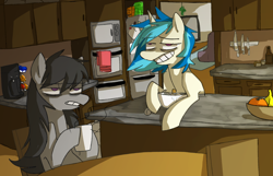 Size: 1744x1122 | Tagged: safe, artist:ghost, imported from derpibooru, dj pon-3, octavia melody, vinyl scratch, coffee, kitchen, morning ponies