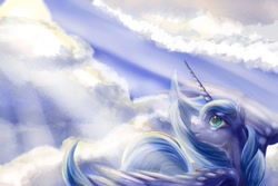 Size: 990x660 | Tagged: safe, artist:viwrastupr, imported from derpibooru, princess luna, pony, cloud, cloudy, crepuscular rays, female, s1 luna, sky, solo