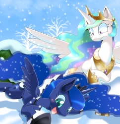 Size: 900x930 | Tagged: dead source, safe, artist:oze, imported from derpibooru, princess celestia, princess luna, alicorn, pony, cute, duo, duo female, female, lunabetes, mare, snow, snowfall, winter