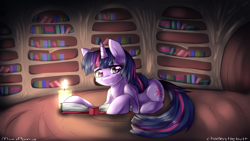 Size: 1920x1080 | Tagged: safe, artist:mixipony, imported from derpibooru, twilight sparkle, pony, unicorn, book, bookshelf, candle, female, golden oaks library, mare, night, prone, reading, signature, solo