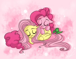 Size: 1124x868 | Tagged: safe, artist:merrytheberry, imported from derpibooru, fluttershy, gummy, pinkie pie, female, flutterpie, lesbian, shipping, sleeping