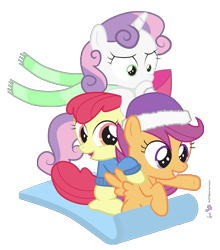 Size: 1300x1480 | Tagged: safe, artist:dm29, imported from derpibooru, apple bloom, scootaloo, sweetie belle, clothes, cutie mark crusaders, hat, scarf, simple background, sled, sweater, transparent background, trio, vector