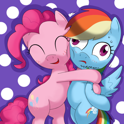 Size: 1500x1500 | Tagged: safe, artist:hoyeechun, imported from derpibooru, pinkie pie, rainbow dash, female, hind legs, hug, legs together, lesbian, pink squeeze, pinkiedash, shipping