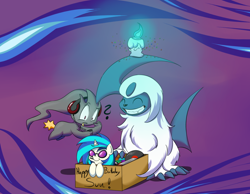 Size: 1040x806 | Tagged: safe, artist:kiyoshiii, imported from derpibooru, dj pon-3, vinyl scratch, absol, banette, litwick, pony, unicorn, box, crossover, pokémon, pony in a box