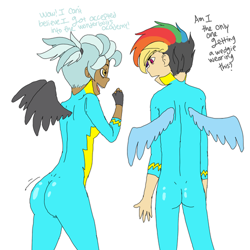 Size: 500x500 | Tagged: safe, imported from derpibooru, rainbow dash, thunderlane, human, humanized, lightningroad, rainbow blitz, rule 63, wedgie, winged humanization, wonderbolt trainee uniform