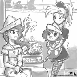 Size: 850x850 | Tagged: safe, artist:johnjoseco, imported from derpibooru, allie way, princess luna, human, moonstuck, cartographer's cap, clothes, female, fishnets, grayscale, hat, humanized, maid, monochrome, plushie, statue, stockings, thigh highs, woona