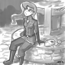 Size: 850x850 | Tagged: safe, artist:johnjoseco, imported from derpibooru, princess luna, human, clothes, female, grayscale, humanized, mask, military uniform, monochrome, rose, sitting, solo, uniform, warrior luna