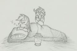 Size: 1065x709 | Tagged: safe, artist:smashedatoms, imported from derpibooru, rainbow dash, scootaloo, firefly (insect), mischievous, rapeface, sketch, sleeping, snoring, zzz