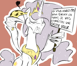 Size: 700x600 | Tagged: safe, artist:keentao, imported from derpibooru, princess celestia, pony, princess molestia, banana, female, french, solo, wing hands