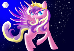 Size: 900x618 | Tagged: safe, artist:kaiilu, imported from derpibooru, princess skyla, alicorn, pony, eyeshadow, female, makeup, mare in the moon, moon, night, night sky, older, sky, solo, stars