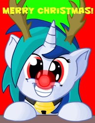 Size: 2532x3283 | Tagged: safe, artist:silvathebrony, imported from derpibooru, dj pon-3, vinyl scratch, pony, reindeer, unicorn, bell, cat bell, christmas, female, grin, high res, holiday, horn, looking at you, mare, merry christmas, red nose, smiling, smiling at you, solo