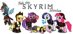 Size: 900x425 | Tagged: safe, artist:silentbutbeardly, imported from derpibooru, applejack, fluttershy, pinkie pie, rainbow dash, rarity, twilight sparkle, ask, crossover, dovahkiin, dovahshy, skyrim, the elder scrolls, tumblr