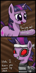 Size: 632x1264 | Tagged: safe, artist:silentbutbeardly, imported from derpibooru, twilight sparkle, unicorn, dialogue, female, future twilight, grin, mare, parody, ponified, raised hoof, smiling, timesplitters, unicorn twilight