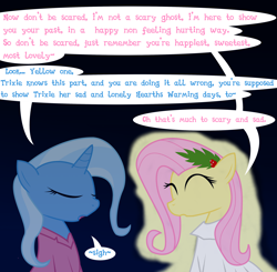 Size: 3000x2941 | Tagged: safe, artist:dazed-and-wandering, imported from derpibooru, fluttershy, trixie, ghost, pegasus, pony, undead, unicorn, a christmas carol, a hearths warming carol, duo, flutterghost