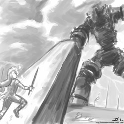 Size: 850x850 | Tagged: safe, artist:johnjoseco, imported from derpibooru, applejack, human, 3rd colossus, crossover, gaius, grayscale, humanized, monochrome, shadow of the colossus