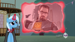 Size: 854x480 | Tagged: safe, edit, edited screencap, imported from derpibooru, screencap, trixie, human, magic duel, exploitable meme, glasses, gordon freeman, half-life, meme, trixivision