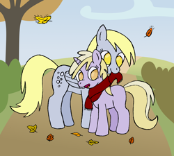 Size: 1000x900 | Tagged: safe, artist:spatialduality, imported from derpibooru, derpy hooves, dinky hooves, pegasus, pony, clothes, equestria's best mother, female, leaves, mare, scarf