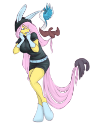 Size: 1800x2366 | Tagged: safe, artist:terezi-pierope, imported from derpibooru, fluttershy, anthro, bird, pegasus, breasts, bunny ears, busty fluttershy, clothes, dangerous mission outfit, female, gloves, hoodie, solo