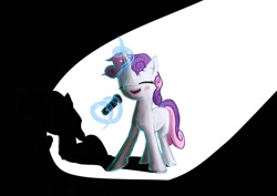 Size: 1024x725 | Tagged: safe, artist:sharpieboss, imported from derpibooru, sweetie belle, pony, eyes closed, female, g4, magic, microphone, shadow, simple background, singing, solo, spotlight, telekinesis