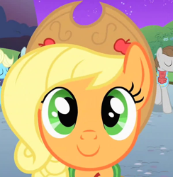 Size: 500x512 | Tagged: safe, imported from derpibooru, screencap, applejack, earth pony, pony, the best night ever, cropped, cute, female, jackabetes, looking at you, mare, reaction image