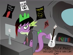 Size: 1726x1296 | Tagged: artist needed, source needed, safe, imported from derpibooru, spike, dragon, apple (company), black veil brides, braces, emo, guitar, it's a phase, it's not a phase, male, nirvana, older, rage against the machine, rebellious teen, rock (music), skrillex, solo, teenage spike, teenaged dragon, teenager