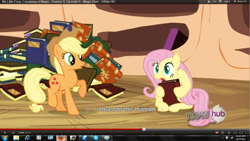 Size: 1366x768 | Tagged: safe, imported from derpibooru, screencap, applejack, fluttershy, magic duel, youtube caption