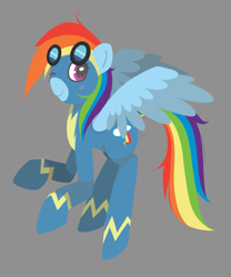 Size: 1303x1566 | Tagged: safe, artist:melaenie, imported from derpibooru, rainbow dash, pegasus, pony, clothes, female, flying, goggles, gray background, looking at you, mare, simple background, solo, uniform, wonderbolts uniform