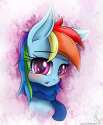Size: 1080x1310 | Tagged: safe, artist:sonicrainboom93, imported from derpibooru, rainbow dash, pegasus, pony, blushing, bust, clothes, female, mare, scarf, signature, solo