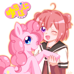 Size: 600x600 | Tagged: dead source, safe, artist:charmyamber, imported from derpibooru, pinkie pie, akari akaza, anime, clothes, crossover, cute, diapinkes, duo, japanese, open mouth, school uniform, simple background, white background, wink, yuru yuri