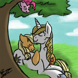 Size: 900x900 | Tagged: safe, artist:thundershock0823, imported from derpibooru, applejack, pinkie pie, prince blueblood, bluejack, blushing, cuddling, female, male, shipping, straight, tree