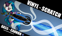 Size: 6900x4076 | Tagged: safe, artist:template93, imported from derpibooru, dj pon-3, vinyl scratch, pony, unicorn, absurd resolution, female, hooves, horn, mare, smiling, solo, sunglasses, text, weapon