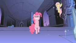 Size: 920x518 | Tagged: safe, imported from derpibooru, screencap, fluttershy, pinkie pie, earth pony, pegasus, friendship is magic, season 1, alicorn sisters' castle, bipedal, castle of the royal pony sisters, cute, female, flying, happy, mare