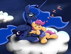 Size: 1000x750 | Tagged: safe, artist:firebrandkun, imported from derpibooru, princess luna, scootaloo, alicorn, pegasus, pony, cloud, crown, cuddling, duo, duo female, female, hug, jewelry, night, onomatopoeia, regalia, scootalove, sleeping, smiling, snuggling, zzz