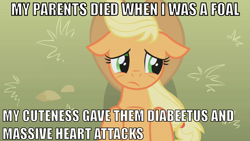 Size: 947x533 | Tagged: safe, imported from derpibooru, applejack, image macro, sad, unhapplejack