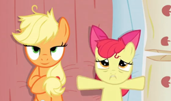 Size: 568x336 | Tagged: safe, edit, edited screencap, imported from derpibooru, screencap, apple bloom, applejack, earth pony, pony, apple family reunion, applecest, bed, bloomjack, female, filly, inverted mouth, lesbian, mare, on back, out of context, pillow, shipping