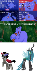 Size: 512x978 | Tagged: safe, imported from derpibooru, king sombra, queen chrysalis, changeling, changeling queen, genie, pony, unicorn, aladdin, female, genie (aladdin), meta