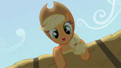 Size: 1269x717 | Tagged: safe, imported from derpibooru, screencap, applejack, earth pony, pony, apple family reunion, applejack's hat, cowboy hat, female, hat, hay bale, mare, open mouth, open smile, smiling, solo