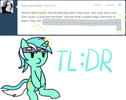 Size: 630x500 | Tagged: safe, artist:fantasyglow, imported from derpibooru, lyra heartstrings, pony, unicorn, ask, dorian gray, female, headband, longbon, magic, oscar wilde, solo, text, tl;dr, tumblr, wizard