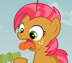 Size: 396x348 | Tagged: safe, imported from derpibooru, screencap, babs seed, earth pony, pony, apple family reunion, cropped, female, filly, tongue out