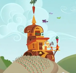 Size: 364x348 | Tagged: safe, imported from derpibooru, screencap, applejack, bird, apple family reunion, building, carrot house, cropped